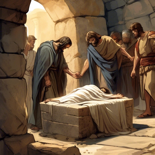The Burial of Jesus
Joseph of Arimathea, a secret disciple of Jesus, asked Pilate for the