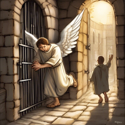 Peter Follows the Angel to Freedom
Peter follows the angel out of the prison, thinking it