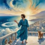 a man in a robe standing on a balcony with a dog and a city in the background - Acts Chapter 10 Quiz - Peters Vision