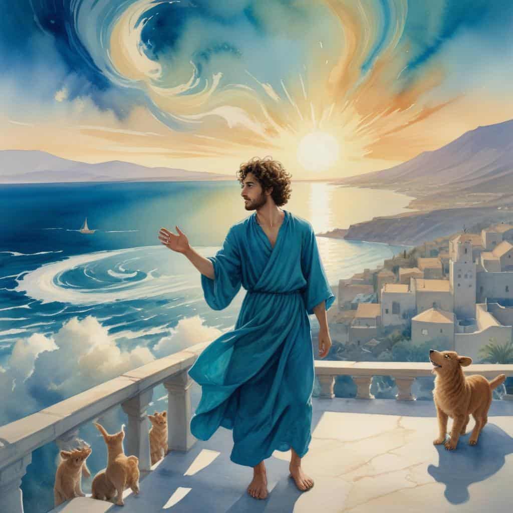 a man in a robe standing on a balcony with a dog and a city in the background - Acts Chapter 10 Quiz - Peters Vision