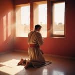 a man in a robe kneeling in front of a window
