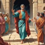 a painting of a man in a robe leading a group of people