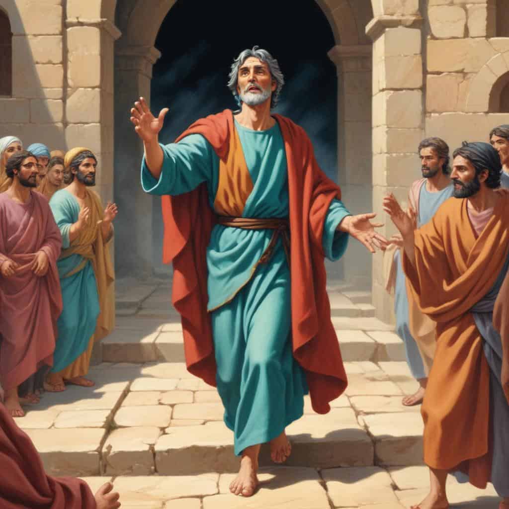 a painting of a man in a robe leading a group of people