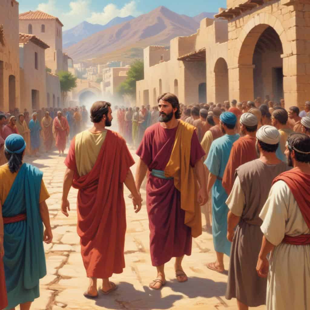 a group of people in a street in bible times